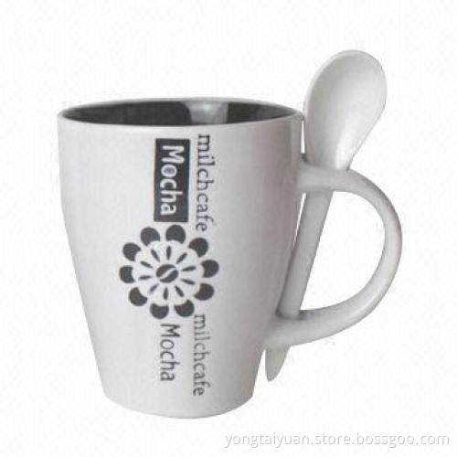 White Color Outside/Black Color Inside Ceramic Mug and Spoon Sets, Suitable for Tea/Coffee Drink